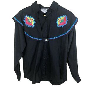 VTG 90's Western Shirt Womens Medium Side Saddle Rodeo Black Embroidered Cactus
